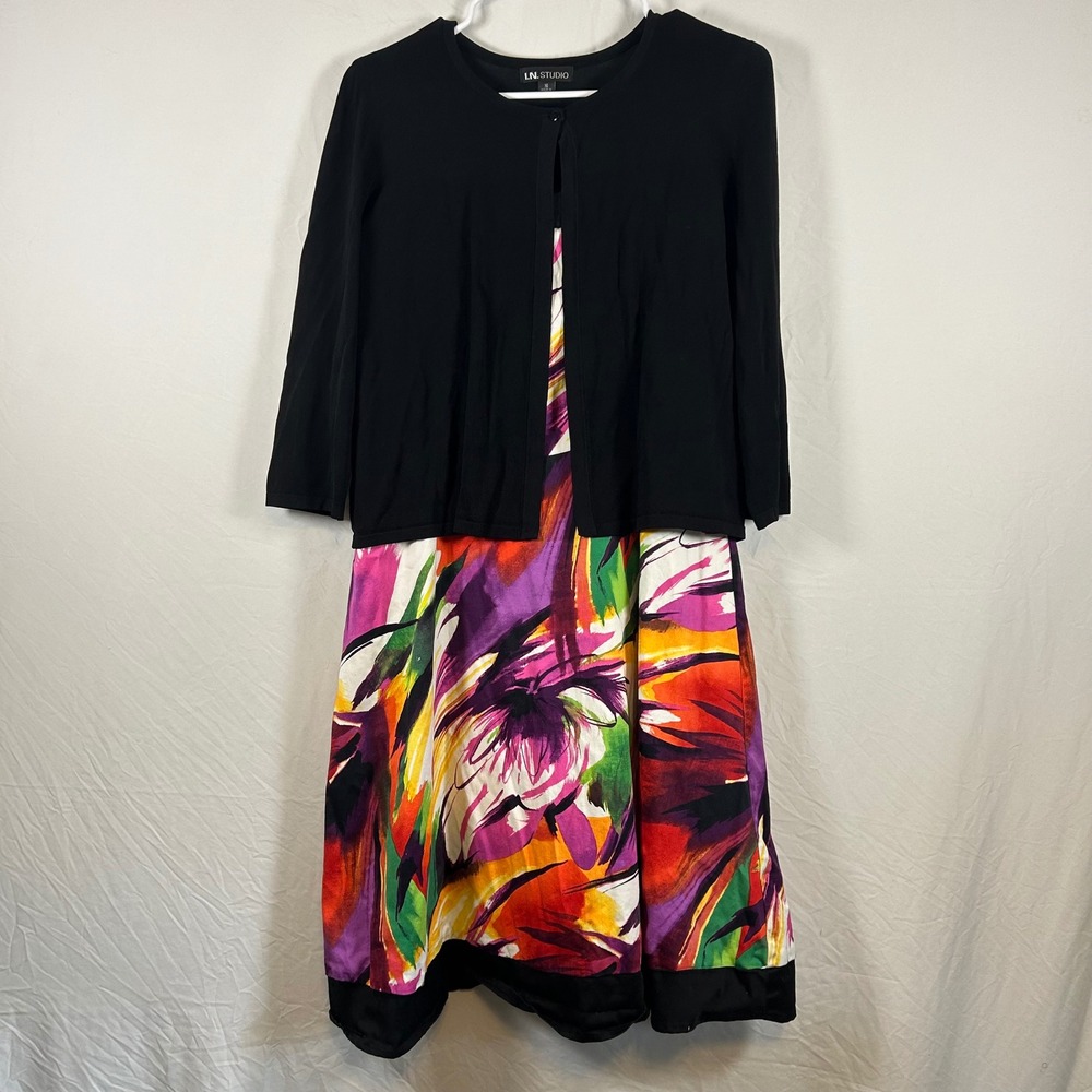 I.N. Studio Women 16 Floral Dress and Bolero Jacket Set Black Multi 2 Piece - Picture 1 of 7